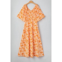 Orange Floral Print Smocked V Neck Wide Sleeve Maxi Dress - L thumbnail