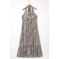 Brown Leopard Printed Halter Neck Backless Ruffled Hem Maxi Dress - L thumbnail