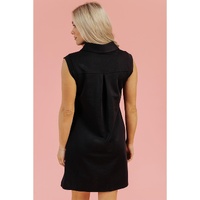 Black Solid Color Collared Slit Neck Sleeveless Mini Dress - S thumbnail