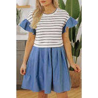 Black Stripe Ruffle Denim Patchwork Round Neck Mini Dress - L thumbnail