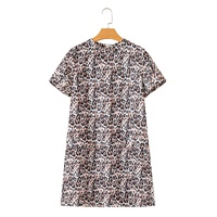 Brown Leopard Print Crew Neck Shift Short T Shirt Dress - L thumbnail