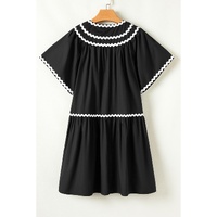 Black Contrast Ricrac Trim Short Sleeve V Neck Loose Mini Dress - L thumbnail