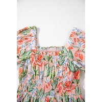Apricot Pink Floral Smocked Bust Bubble Short Sleeve Maxi Dress - L thumbnail