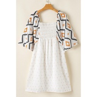 Beige Western Aztec Print Pleated Square Neck Loose Mini Dress - L thumbnail
