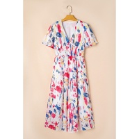 Rose Abstract Print Short Puff Sleeve Tiered Maxi Dress - M thumbnail