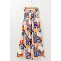 Orange Floral Patchwork Printed Frilled Bandeau Smocked High Waist Long Dress - XL thumbnail