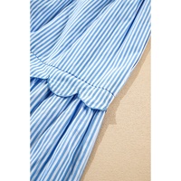 Sky Blue Stripe Bubble Short Sleeve Tiered Scallop Long Dress - L thumbnail