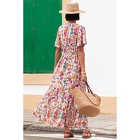 Red Floral Short Sleeve V Neck High Waist Maxi Dress - L thumbnail