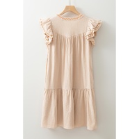 Jet Stream Linen Embroidery Split Neck Pom Pom Ruffle Sleeves Flowy Short Dress - L thumbnail