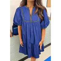 Bluing Colorful Striped Trim Puff Sleeve Pleated Mini Dress - L thumbnail