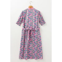 Pink Floral Shirred Puff Sleeve Buttoned Front Midi Dress with Sash - L thumbnail