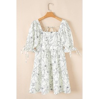 Beige Floral Print Square Neck Shirred Back Puff Sleeve Mini Dress - L thumbnail