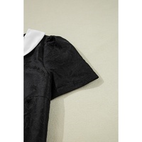 Black Floral Embossed Puff Sleeve Colorblock Bow Collared Mini Dress - L thumbnail