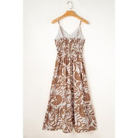 Khaki Floral Shirred High Waist Spaghetti Straps Maxi Dress - L thumbnail