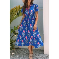 Sky Blue Floral Puff Short Sleeve V Neck High Waist Maxi Dress - L thumbnail