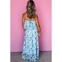 Green Floral Print Ruffled Side Slit Tube Top Maxi Dress - XL thumbnail