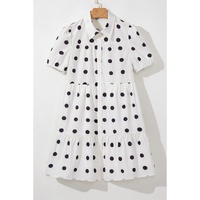 White Polka Dot Print Short Sleeve Collar Buttoned Tiered Babydoll Dress - XL thumbnail