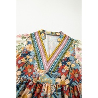 Multicolour Boho Floral Print Crochet Patchwork V Neck Loose Mini Dress - S thumbnail