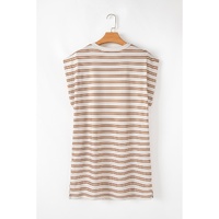 Khaki Stripe Round Neck Sleeveless Casual Pocketed Mini Dress - L thumbnail