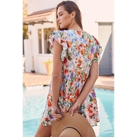 Pink Floral Double Ruffle Sleeve V Neck High Waist Mini Dress - L thumbnail