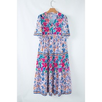 Sky Blue Mixed Floral Print Tie Split Neck Short Sleeve Dress - L thumbnail