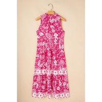 Rose Floral Sleeveless Tasseled Lace-up Neck Tiered Midi Dress - S thumbnail