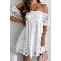 White Floral Lace Puff Sleeve Empire Waist Mini Dress - S thumbnail
