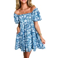 Blue Floral Puff Sleeve Babydoll Mini Dress - S thumbnail