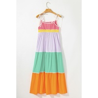 Multicolour Colorblock Self-tie Straps High Waist Flowy Maxi Dress with Pockets - L thumbnail