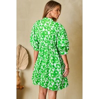 Green Floral Print Puff Half Sleeve V Neck Babydoll Dress - S thumbnail