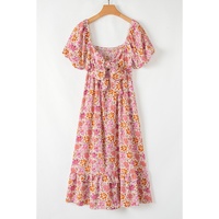 Pink Floral Square Neck Knotted Ruffle Midi Dress - L thumbnail