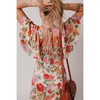 Multicolour Vintage Floral V Neck Short Sleeve Tie Back Long Slit Dress - XL thumbnail