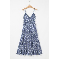 Blue Floral Spaghetti Strap Frilled V Neck Tiered Midi Dress - L thumbnail
