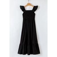 Black V Neck Flutter Sleeve Smocked Bodice High Waist Ruffle Maxi Dress - M thumbnail