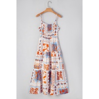 Orange Multi Printed Ricrac Trim Spaghetti Straps Maxi Dress - L thumbnail