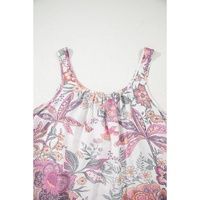 Multicolour Floral Print Fringed Tie U Neck Sleeveless Mini Dress - L thumbnail