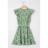 Green Flower Print Flutter Sleeve V Neck Sashed Ruffled Mini Dress - M thumbnail