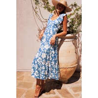 Sky Blue Floral U Neck Flutter Shoulder Tiered Flowy Midi Dress - XL thumbnail