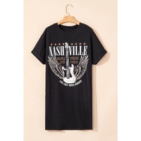Black Nashville Guitar Print Crew Neck T Shirt Mini Dress - S thumbnail