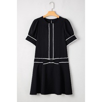 Black Contrast Scallop Trim Bow Detail Half Sleeve Shift Dress - S thumbnail