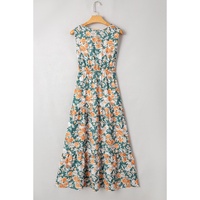 Green Floral Print Trimmed V Neck Tie Waist Sleeveless Holiday Long Dress - M thumbnail