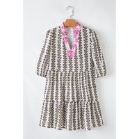 Black Contrast Floral V Neck Printed Bracelet Sleeve Dress - L thumbnail