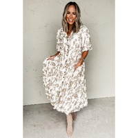 Khaki Floral Puff Sleeve V Neck Buttoned Front Maxi Dress - L thumbnail