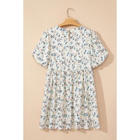 Beige Floral Puff Short Sleeve Empire Waist Mini Dress - L thumbnail