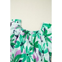 Green Floral Print Shirred Square Neck Loose Fit Mini Dress - M thumbnail