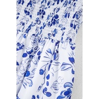Sky Blue Floral Print Square Neck Bubble Sleeve High Waist Maxi Dress - M thumbnail