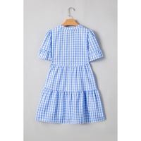 Sky Blue Gingham Short Sleeve Button Tie Split Neck Loose Mini Dress - L thumbnail