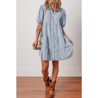 Beau Blue Shirt Collar Button Up Short Puff Sleeve Tiered Shift Dress - M thumbnail