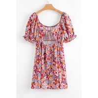 Red Floral Puff Sleeve Square Neck Knot Open Back Mini Dress - L thumbnail