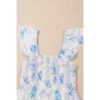 Sky Blue Floral Smocked High Waist Double Ruffle Sleeveless Long Dress - M thumbnail